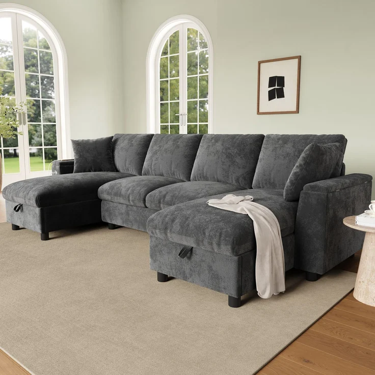 Chenille-U-Sofa mit 2 Stauraum-Chaiselongues, USB und USB-C, gepolsterte modulare Wohnlandschaft 279 cm mit Taschenfederkern, Grau – Bild 5