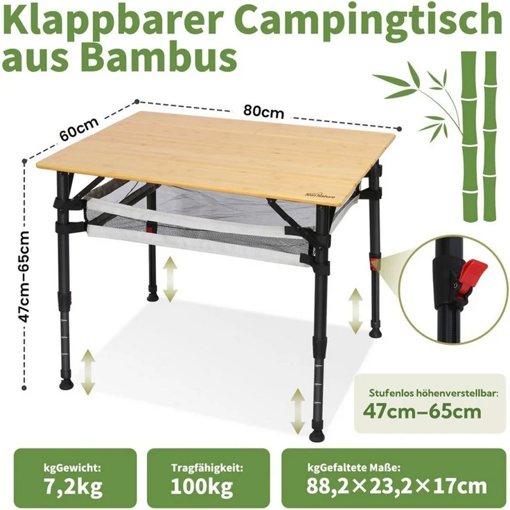 HOMECALL Klapptisch Bambus Camping-Klapptisch höhenverstellbar 47–65 cm (natürliche Bambus-Tischplatte, Aluminiumrahmen, abnehmbares Netzfach, tragbarer Outdoor-Picknicktisch) – Bild 2