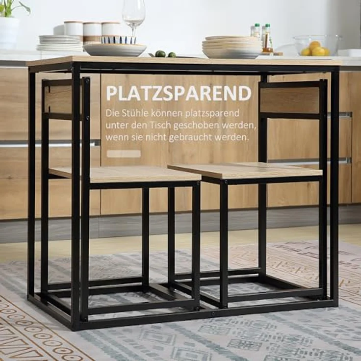 HOMCOM Esstisch, Eiche, Metall, 90x76x47 cm, industrielles Design, inkl. 2 Stühlen, platzsparend – Bild 3