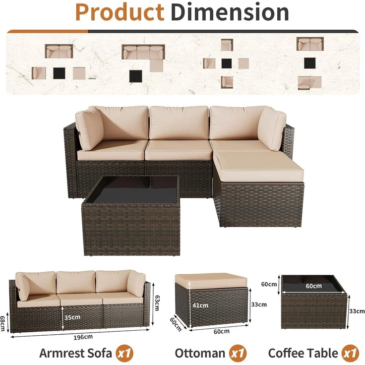Aoxun Gartenmöbel Set Polyrattan 3-teilig mit 7,5cm dicken Kissen & Glas-Couchtisch, wetterfeste Gartenlounge outdoor mit extra langer 196cm Sitzbank, stabiler Balkon Terrassen Außenmöbel Satz (Khaki) – Bild 2