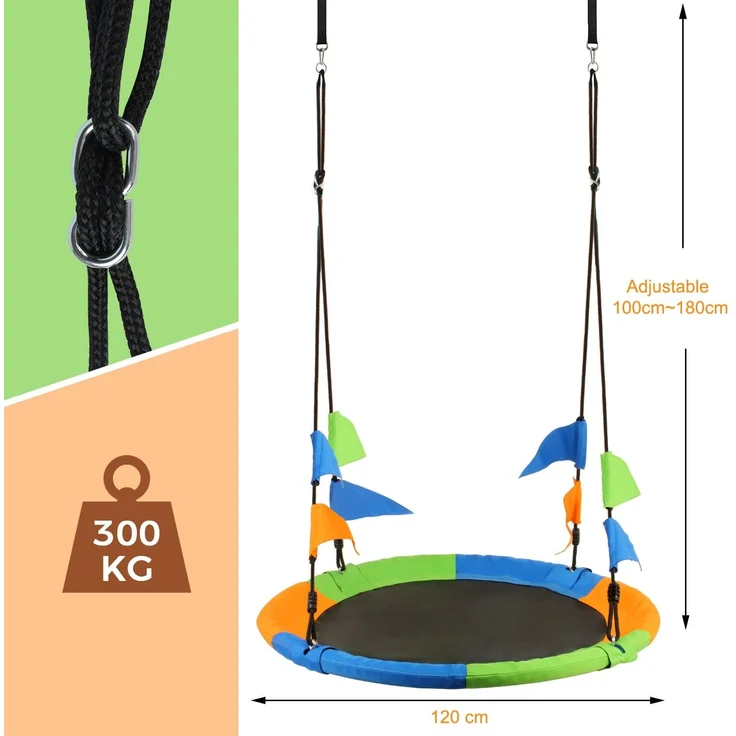 Leogreen Ø 120 cm Nestschaukel, bis 300 kg Kinderschaukel, Seillänge verstellbar 100-180cm, für Kinder & Erwachsene, mit Schaukel Befestigung (Bunt) – Bild 4