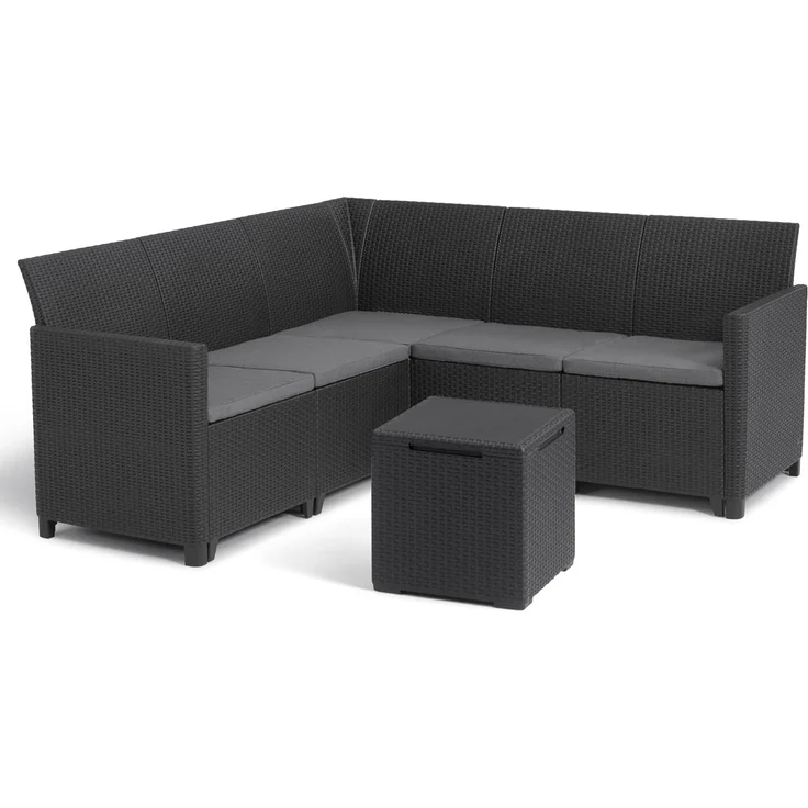 Keter Nora - Ecksofa für Garten oder Terrasse, 5-Sitzer, mit Kissen und Beistelltisch mit 35 l Stauraum, Farbe Graphit – Bild 1