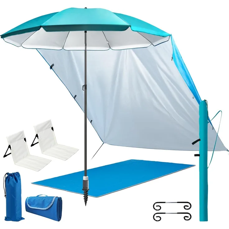 4smile Sonnenschirm 6er-Set in Türkis, Ø 180 cm, Sonnenschirm Strand, komfortable Strandliege, Schirmständer Erdspieß, Sonnensegel Strand, kompakte Stranddecke(1,5x2 m), Schirmhülle