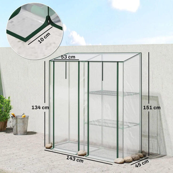 Wohnora-Gartengewächshaus mit 3 Regalböden, kleines Gewächshaus aus PVC-Plane und Stahlrahmen, 2 Rolltüren, transparent,H 1510cm x T 750cm x B 450cm,Transparent – Bild 4