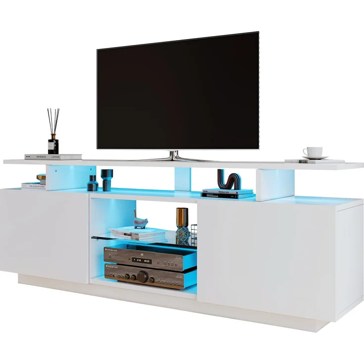 DESVIAE TV-Schrank mit 2 Türen und LED-Beleuchtung 140x55x35 cm Spanplatte Weiß – Bild 7