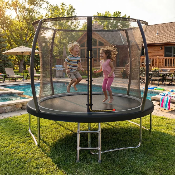 Devoko Gartentrampolin mit Sicherheitsnetz, Leiter, Randabdeckung, Stahlrahmen, Schwarz, Ø 290 cm – Bild 1