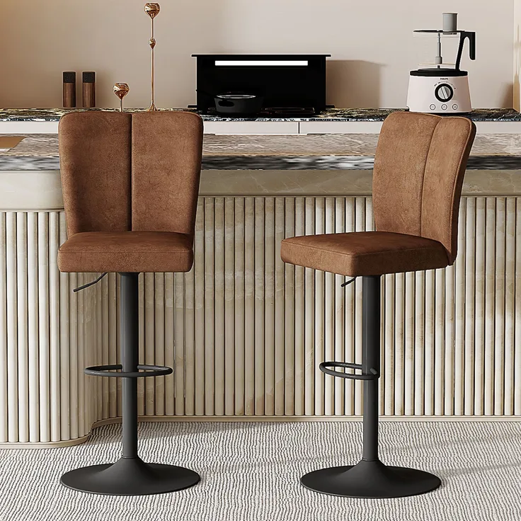 Höhenverstellbarer Barhocker im 2er-Set, 360° drehbar. Barhocker aus braunem, hochwertigem Technologie-Stoff mit schwarzen Metallbeinen. Geeignet für Kücheninseln. Verschiedene Farben erhältlich.--Braun + Schwarz--37x44x44.5cm--YOUDENOVA
