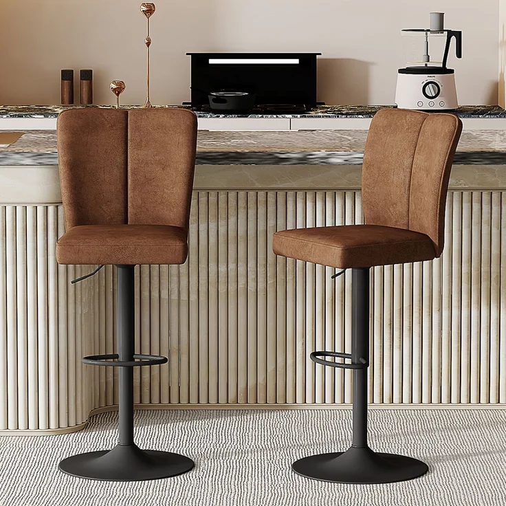 Höhenverstellbarer Barhocker im 2er-Set, 360° drehbar. Barhocker aus braunem, hochwertigem Technologie-Stoff mit schwarzen Metallbeinen. Geeignet für Kücheninseln. Verschiedene Farben erhältlich.--Braun + Schwarz--37x44x44.5cm--YOUDENOVA – Bild 1
