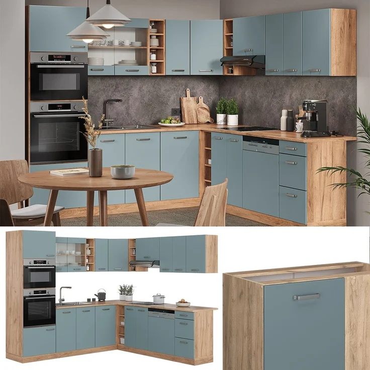 Eckküche R-Line Blau-Grau/Goldkraft Eiche 247 x 60 cm , AP Eiche Vicco – Bild 2