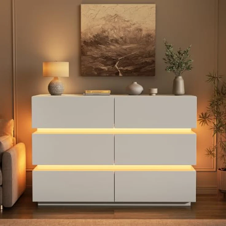 Jocoevol Kommode mit LED-Lichtstreifen, Schubladenschrank mit 6 Schubladen | Moderner Sideboards Wohnzimmer mit Kippsicherung, Verstellbare LED-Leuchten für Wohnzimmer Schlafzimmer, 120x78x38cm, Weiß – Bild 9