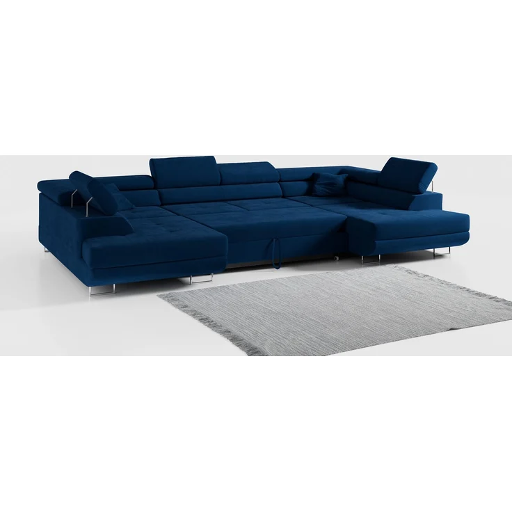 Ecksofa, Wohnzimmer U Couch, Polstersofa mit Bettkasten - GUSTAW-U - Dunkelblau Velours – Bild 2