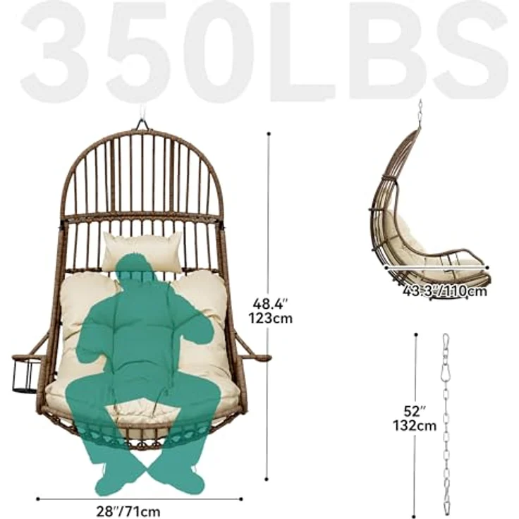 YITAHOME Rattan Hängesessel 150kg, mit Kissen & Getränkehalter, Beige – Bild 5