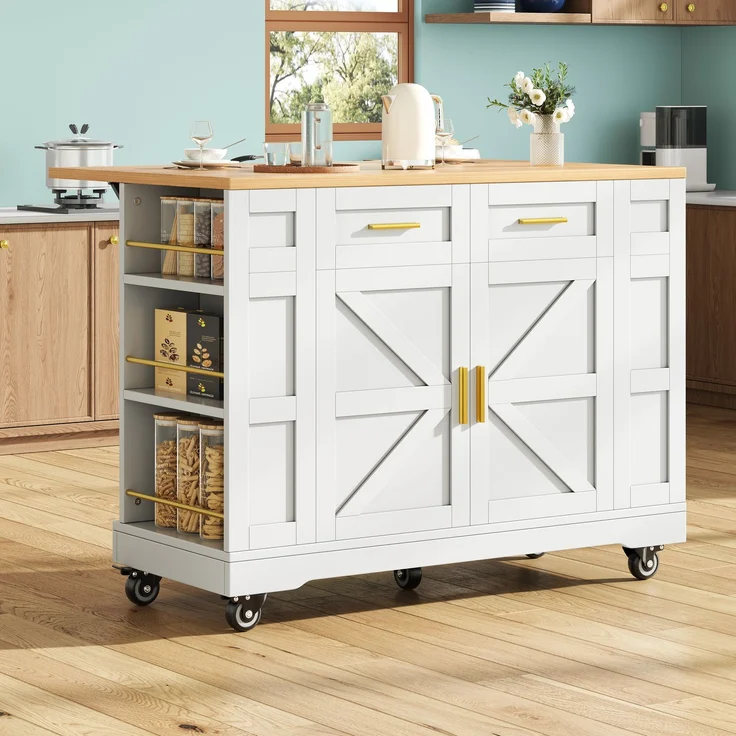 Servierwagen Kücheninsel MDF ausziehbar klappbar 120cm Skandinavisch 3D-Schranktüren Metallgriffe,Weiß – Bild 2