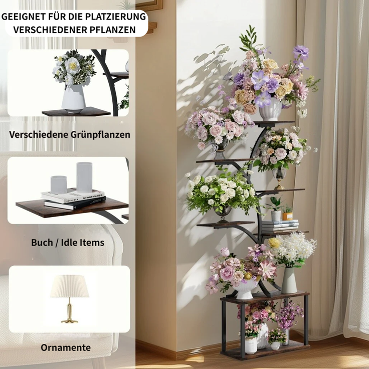 UNHO Pflanzenregal Blumenregal Blumentreppe Schwerlast Blumenständer Balkon Garten Pflanzentreppe Pflanzen Regal Metall 50x26x151 cm Schwarz – Bild 6
