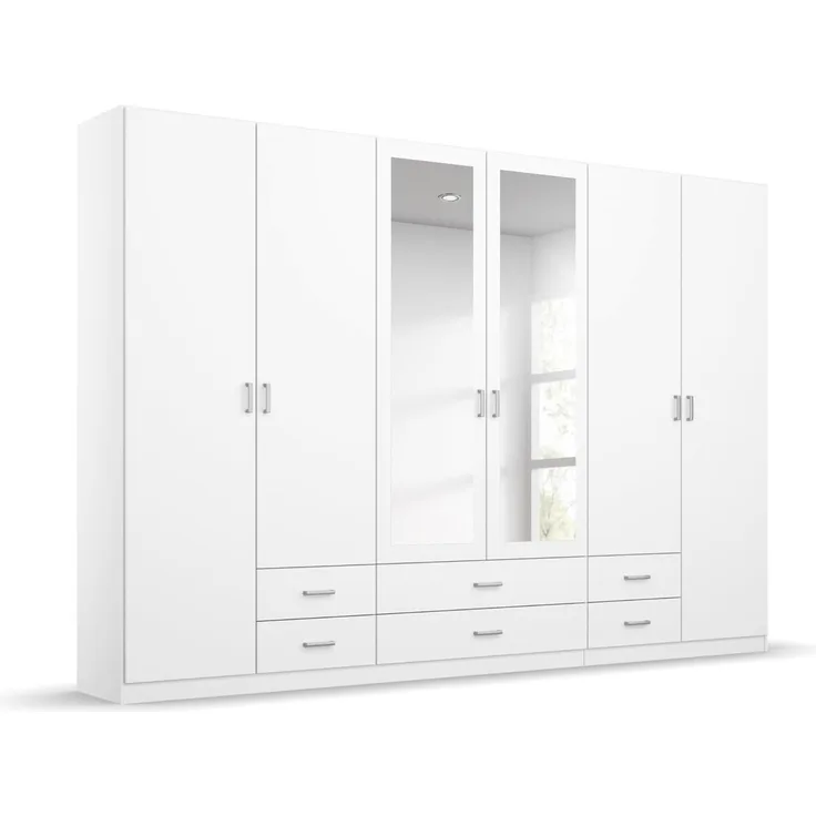 rauch Kleiderschrank, Drehtürenschrank GAMMA, 6-türig, 2 Spiegeltüren teilaufgelegt, 6 Schubkästen, Alpinweiß, 271 x 210 x 54 cm