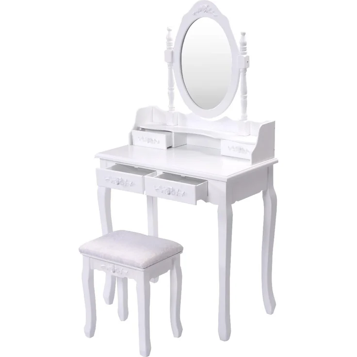 COSTWAY Schminktisch Frisiertisch Frisierkommode Kosmetiktisch Schminkkommode mit schwenkbarem Spiegel und 4 Schubladen inkl. Hocker weiss – Bild 6