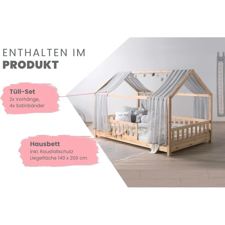 TiCAA Kinderbett Hausbett mit Tüll Kim 90x200 cm, 100x200 cm, 120x200 cm, 140x200 für Jungen & Mädchen, inkl. Rolllattenrost, Rausfallschutz variabel, Montessori Bett Natur aus Kiefer Massivholz – Bild 3