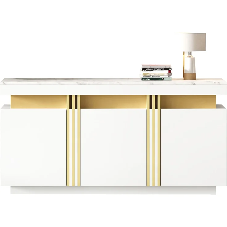 ZUBALIYA Sideboard 140x38x70 cm, mit 3 Türen, aus Spanplatte, Weiß – Bild 10