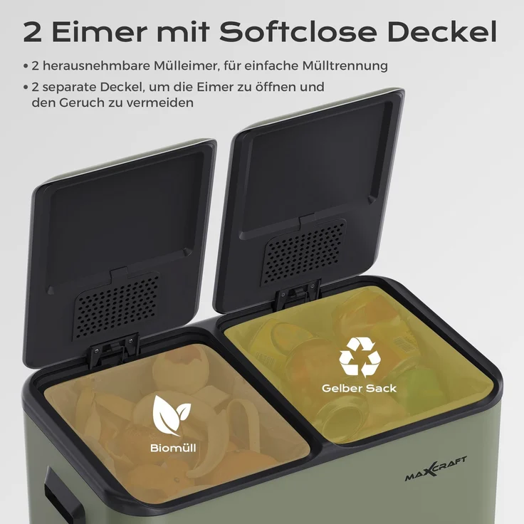 MAXCRAFT Küchen-Mülleimer 60L – Treteimer mit Soft-Close & Doppelfach für Mülltrennung, Grün – Bild 2