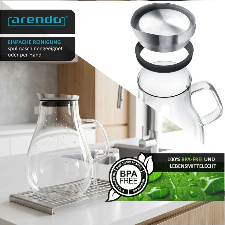 Arendo Karaffe 2x Glaskaraffe 2,0 L, Edelstahldeckel, Henkel, Grobfilter, (Set, 2-tlg, 2000 ml mit Edelstahl-Deckel, Grobfilter und ergonomischem Henkel), Wasserkaraffe, Borosilikatglas, 2000 ml, Sieb, BPA-frei – Bild 4