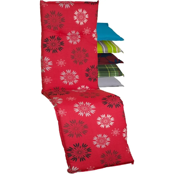 Beo Relaxsessel Auflage UV-beständig Barcelona | Made in EU nach Öko-Tex Standard | Waschbare Relaxstuhl Auflage mit Gummi-Halteband | Atmungsaktive Liegestuhl Auflage mit Pusteblumen Rot-Schwarz