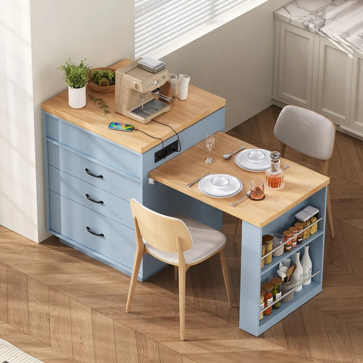 Kücheninsel 125,5-187,5x71x93 cm mit LED-Beleuchtung, USB-Anschluss und ausziehbarer Tischplatte – Bild 3
