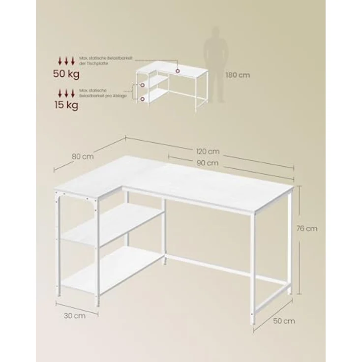 VASAGLE Eckschreibtisch in L-Form, Computertisch mit Stauraum, Bürotisch, höhenverstellbare Ablage, für Homeoffice, 120x80 cm, ahornweiß LWD136WF01 – Bild 4