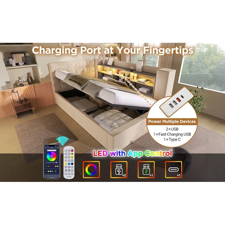 U-life Polsterbett Einzelbett 90x190 cm, hydraulischer Stauraum, L-förmigem, Beidseitig montierbar, Lattenrost, Leinen, Beige – Bild 7