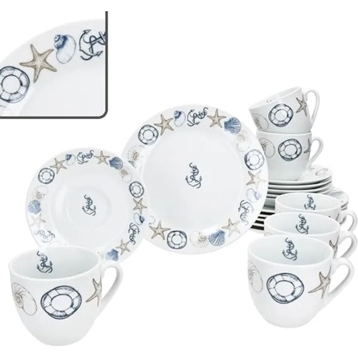 MamboCat Kaffeeservice Neptun 18tlg Kaffeeservice Porzellan 6Pers Tasse Teller Anker maritim, Porzellan