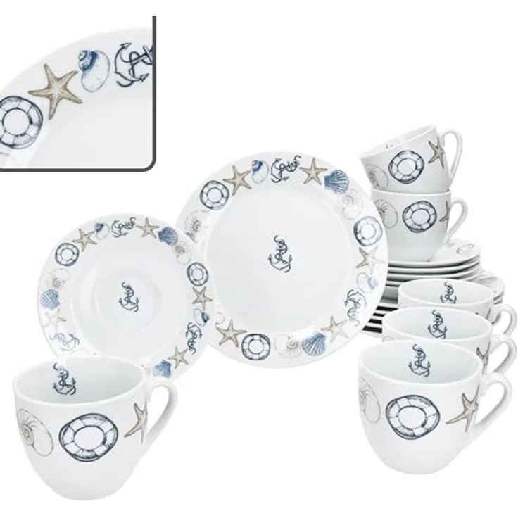 MamboCat Kaffeeservice Neptun 18tlg Kaffeeservice Porzellan 6Pers Tasse Teller Anker maritim, Porzellan – Bild 1