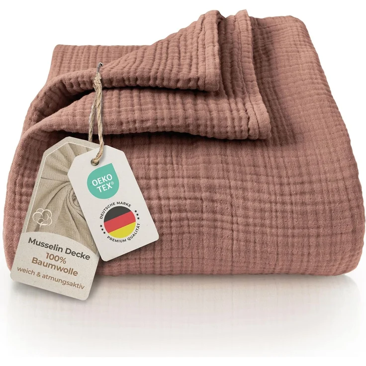 LAYNENBURG Premium Musselin Tagesdecke 150x200 cm - 100% Baumwolle - extraweiche, leichte Sommerdecke als Kuscheldecke, Bett-Überwurf, Baumwolldecke, Couch-Überwurf - warme Sofa-Decke (Mokka)