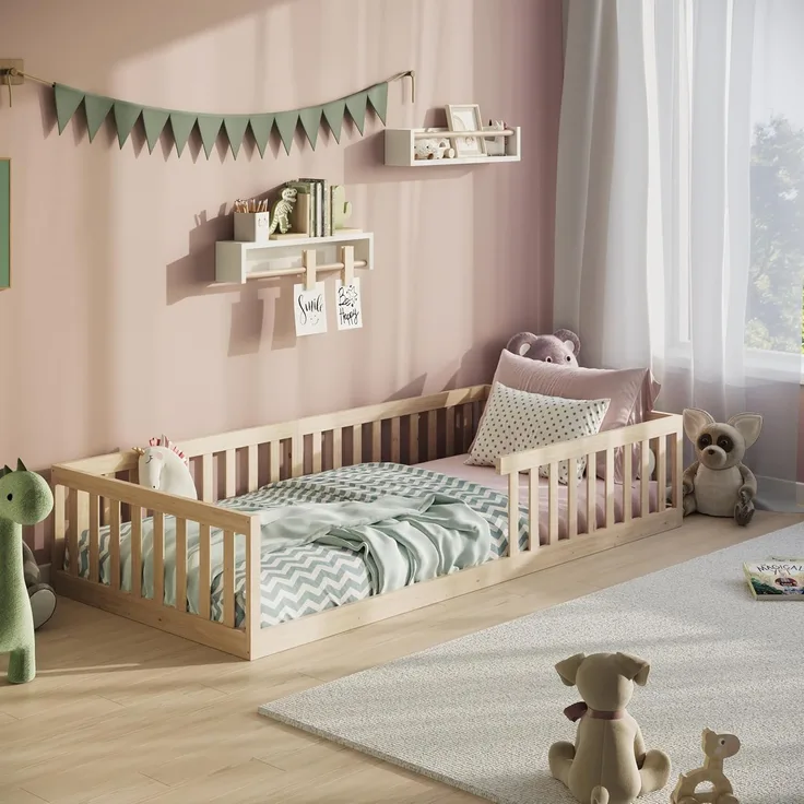 Kids Collective Kinderbett Bodenbett Bett mit Rausfallschutz & Lattenrost Montessori Bett Kinder (weitere Größen, 120x200, 140x200 cm), Jugendbett Einzelbett optional mit Matratze, natur Kiefer 90x200 cm