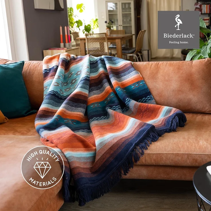 Wohndecke Peru, bunte Ethno Kuscheldecke in 150x200 cm, Biederlack, mit Fransen, Decke aus Baumwollmix, Made in Germany – Bild 3