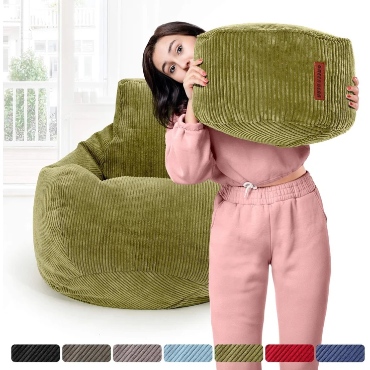 Green Bean® Sitzsack mit Hocker aus Cord - Sitzsäcke für das Wohnzimmer, Schlafzimmer, Sitzsack-Sessel für Erwachsene Grün – Bild 6