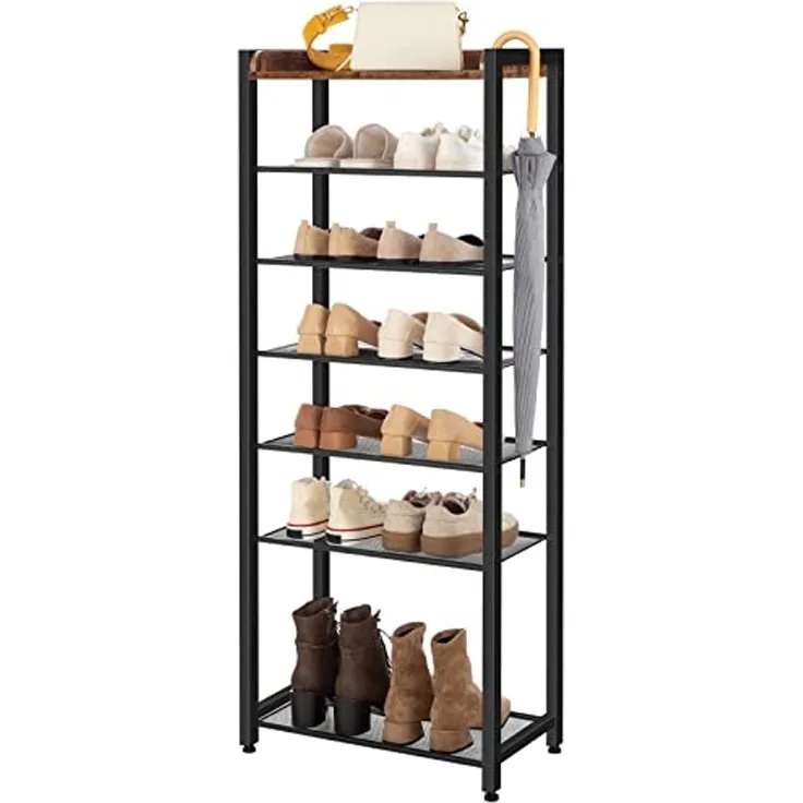 HOOBRO Schuhregal mit 8 Ebenen, Schmale Schuhablage, Schuhschrank, für 14-16 Paar Schuhe, Platzsparend, für Eingang, Flur, Wohnzimmer, Dunkelbraun-Schwarz EBF48XJ01