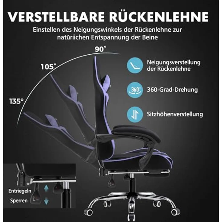 GTPLAYER Gaming Stuhl, Bürostuhl, Ergonomischer Pc Stuhl, Gaming Sessel mit Massagelendenwirbelstütze, Task Stühle mit Fußstütze und Kopfstütze, Lila Stoff – Bild 6