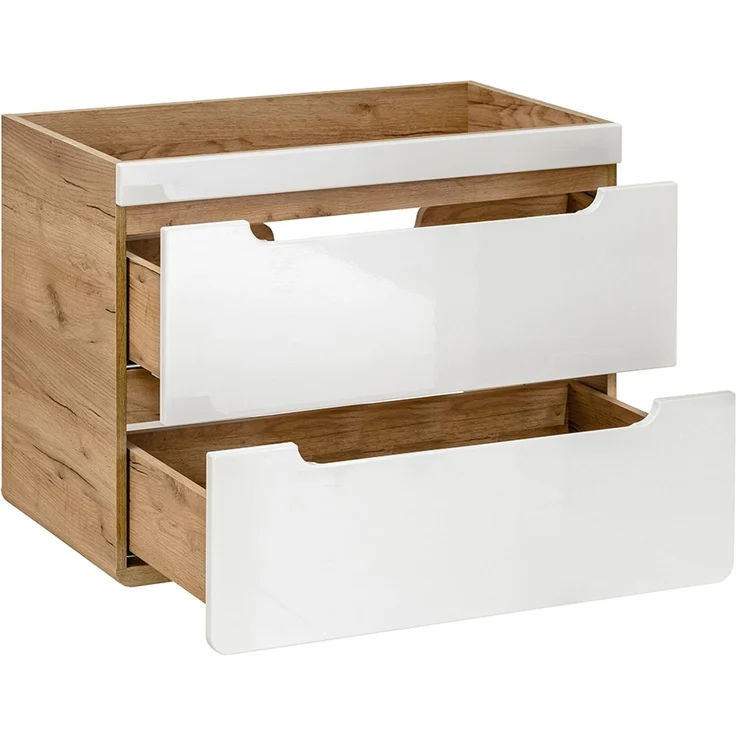 Badmöbel Set in Hochglanz weiß mit Wotan Eiche Nb. LUTON-56 mit LED-Spiegelschrank, B/H/T ca. 130/200/46 cm – Bild 4