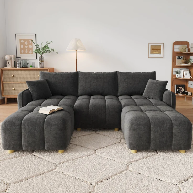 ZUBALIYA L-/U-förmiges wandelbares Ecksofa, 5-Sitzer modulare Sofakombination mit 2 Hockern und Kissen, Chenille-Stoff, Cloud-Sofa, breite Armlehnen, geeignet für Wohnzimmer, Modell N653P7720G – Bild 1