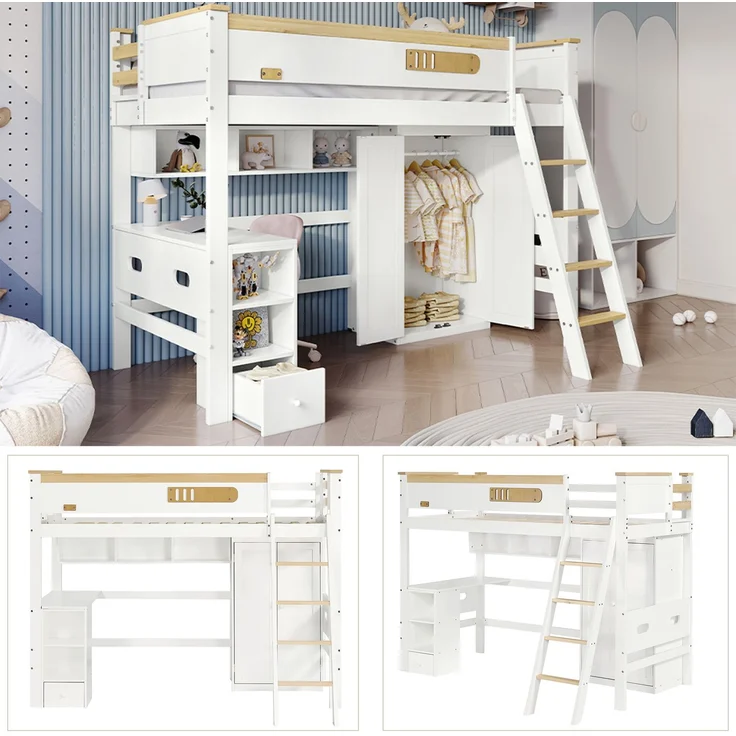 Etagenbett Kinderbett 90x200 mit Fallschutzgitter, Schreibtisch, Kleiderschrank, offene Regale – Bild 7