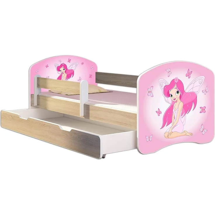 Kinderbett Jugendbett mit einer Schublade und Matratze Sonoma mit Rausfallschutz Lattenrost ACMA II 140x70 160x80 180x80 (07 Rosa Fee, 160x80 + Bettkasten)