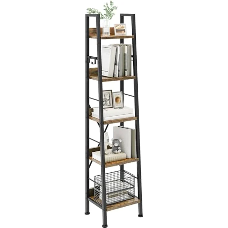 YITAHOME Bücherregal mit 5 Ebenen, industrielles Leiterregal, freistehendes Holzregale und Metallrahmen, modernes Regal für Wohnzimmer, Flur, Vintagebraun – Bild 2
