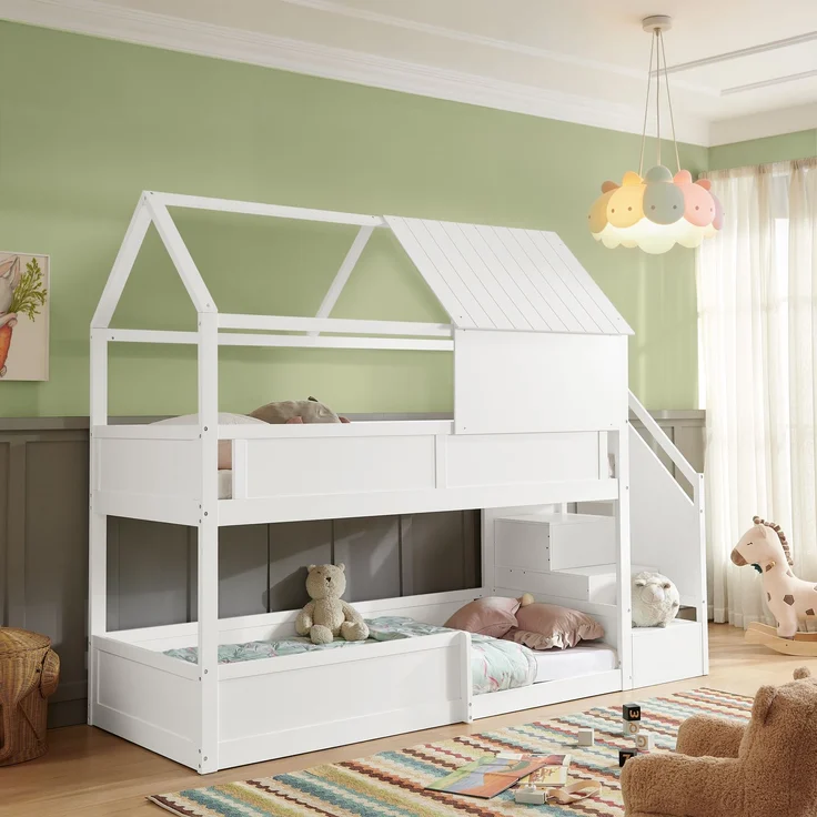 Etagenbett 80×200 cm mit Rausfallschutz und Treppe, Massivholz, Weiß, ohne Matratze – Bild 1