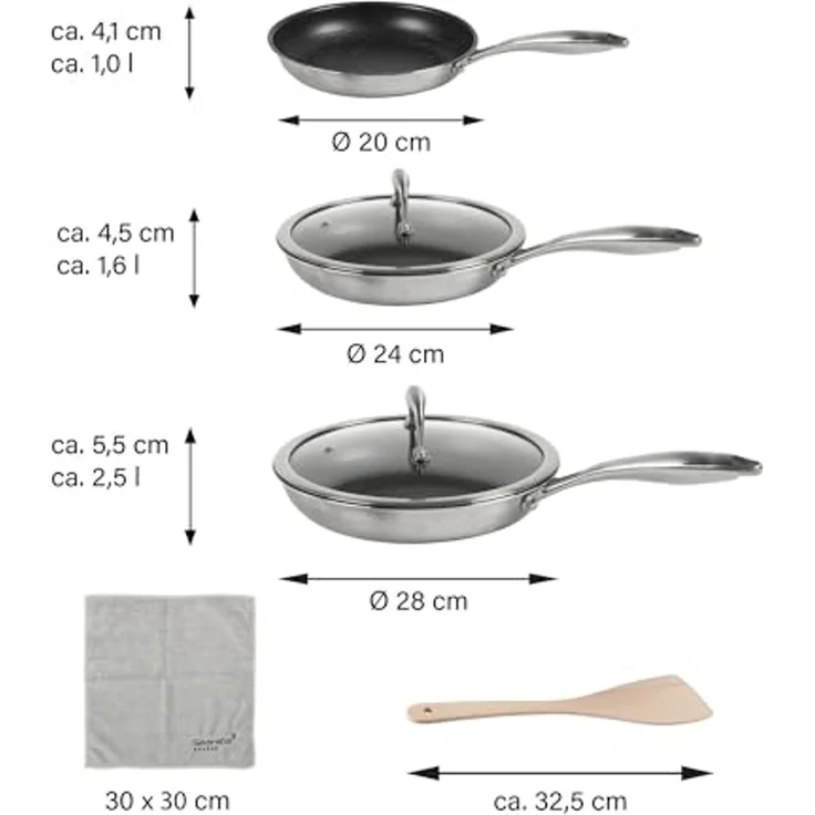 STONELINE Pfannen-Set Silverstar® 6-tlg. Edelstahl 20/24/28 cm mit Deckeln, Aluminium, Edelstahl (5-tlg), Edelstahl, für scharfes Anbraten – Bild 4