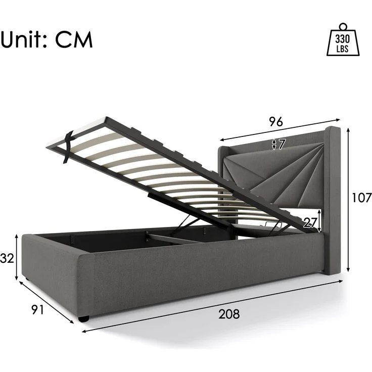Polsterbett Baumwoll-Leinen mit Bettkasten & USB-Anschluss, 96x208x107 cm, Grau, ohne Matratze – Bild 10