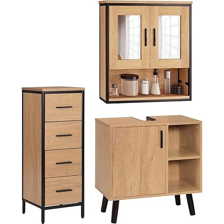 EUGAD Badmöbel-Set, (3-St), Badschrank mit 2 Spiegeln, Beistellschrank mit 4 Schubladen