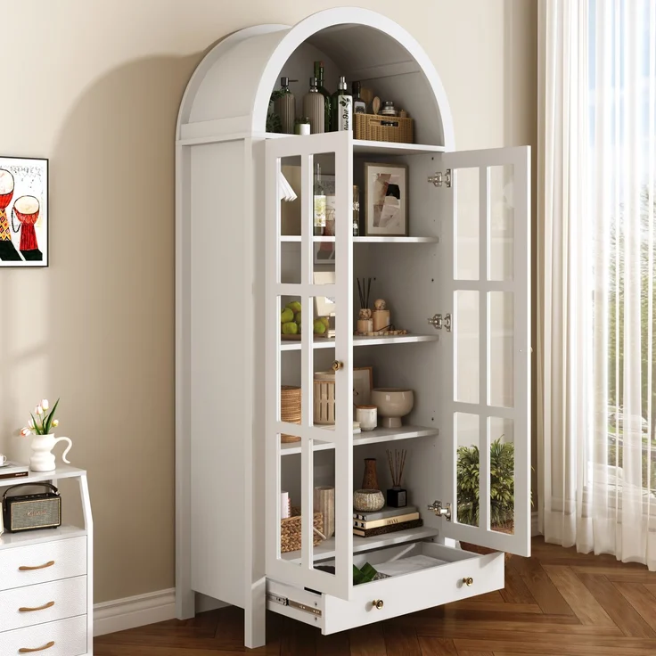 Bogen-Vitrine 75 x 35 x 170,5 cm aus MDF in Weiß mit Acryl-Türen und Schublade – Bild 3