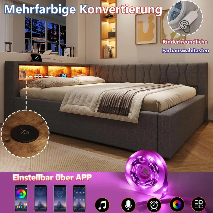 Schlafsofa mit LED-Streifen, Lattenrost, Regal, Rückenlehne, Aufbewahrung, Type-C und USB, 140x200 cm, Polsterbett, Stauraumbett, Tagesbett, Leinen – Bild 4