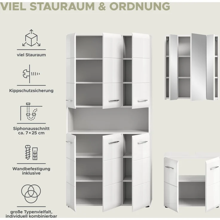 Badezimmer-Set >Ice< in Weiß / Weiß Hochglanz - 165x185x30cm (BxHxT) – Bild 9