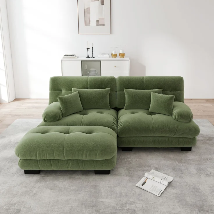 EINHOM Cloud Ecksofa für Wohnzimmer, Chenille Doppelsofa mit 2 Lendenkissen und 2 Dekokissen, Polstersofa mit breiten Armlehnen und Ottoman, Chenille Grünes – Bild 4
