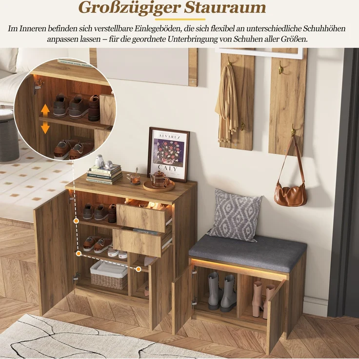 Garderoben-Set mit Spiegel, Schuhschrank und Sitzbank, 130x35x124,5 cm, Natur – Bild 8